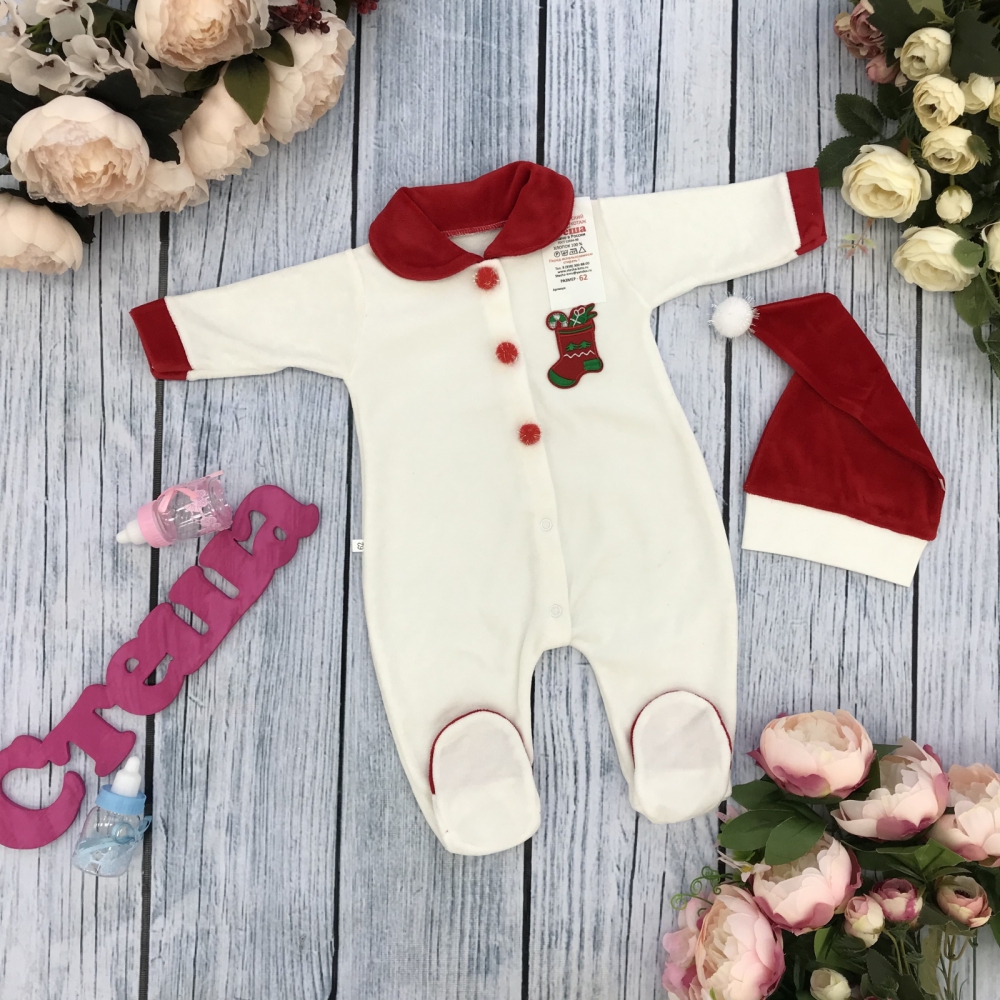 244. Комбинезон Санта, хлопок 80% велюр 20%  ПЭ, молочный 56,62,68